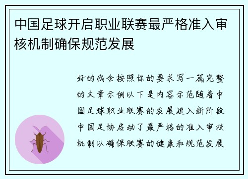 中国足球开启职业联赛最严格准入审核机制确保规范发展 中国足球开启职业联赛最严格准入审核机制确保规范发展